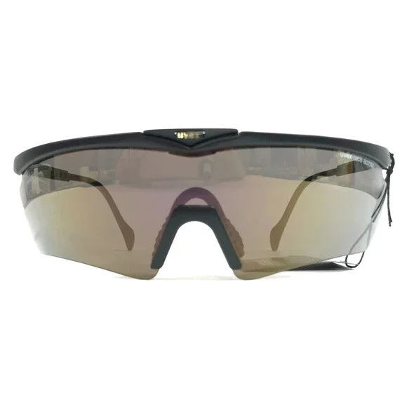 Vintage Uvex Sunglasses Face Across Matte Black Shield Semi Rim Frames Gray Lens